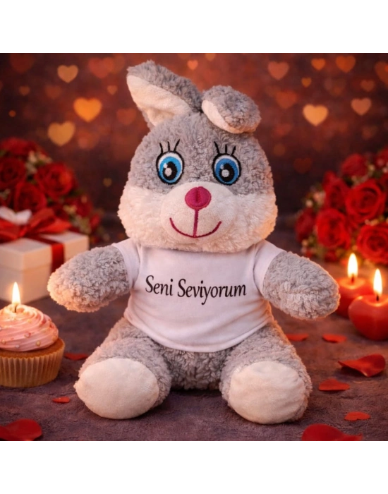 Seni Seviyorum Tişörtlü Sevimli Peluş Tavşan