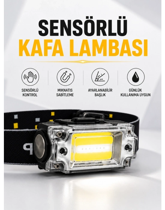 Sensör Kontrollü Şarjlı Beyaz LED Kafa Lambası ve El Feneri