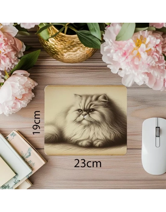 Sepya Tonlu Yatar Pozdaki Kedi Çizimi - 19x23 cm 2 mm Dikdörtgen İthal Baskılı Mouse Pad