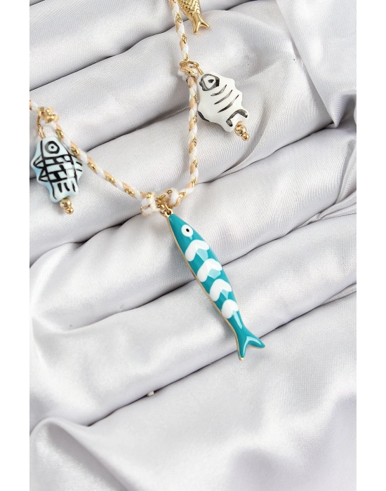 ® Seramik Motifli Balık Figürlü Model Krem İp Kadın Kolye