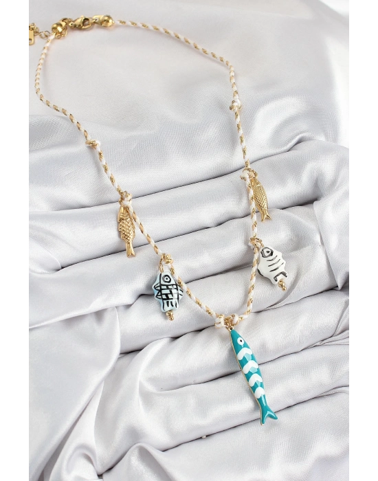 ® Seramik Motifli Balık Figürlü Model Krem İp Kadın Kolye