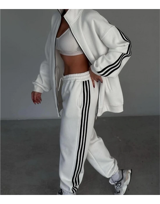 Şeritli Üç İplik Eşofman Takım - Beyaz