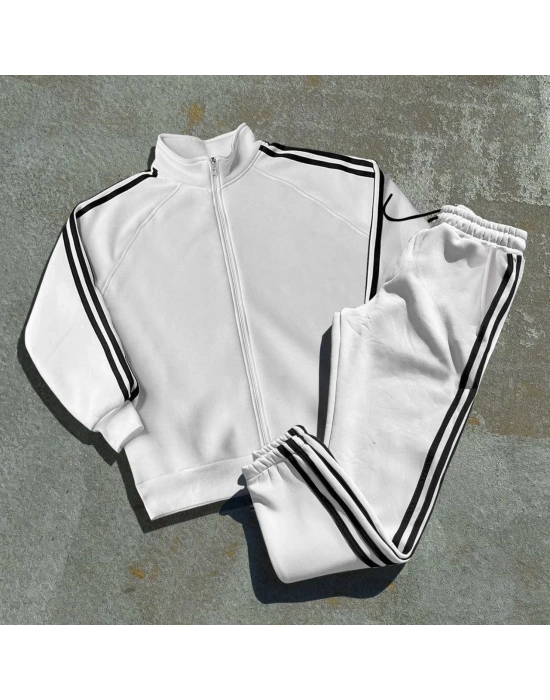 Şeritli Üç İplik Eşofman Takım - Beyaz