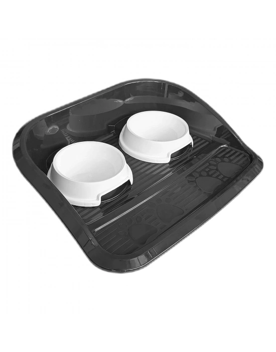 Servis Tepsili Plastik İkili Kedi Köpek Mama Ve Su Kabı 35x46 cm Siyah-Beyaz