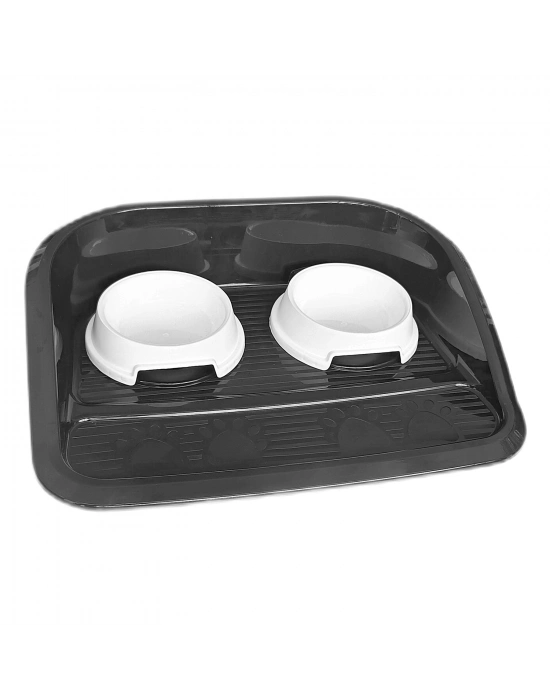 Servis Tepsili Plastik İkili Kedi Köpek Mama Ve Su Kabı 35x46 cm Siyah-Beyaz