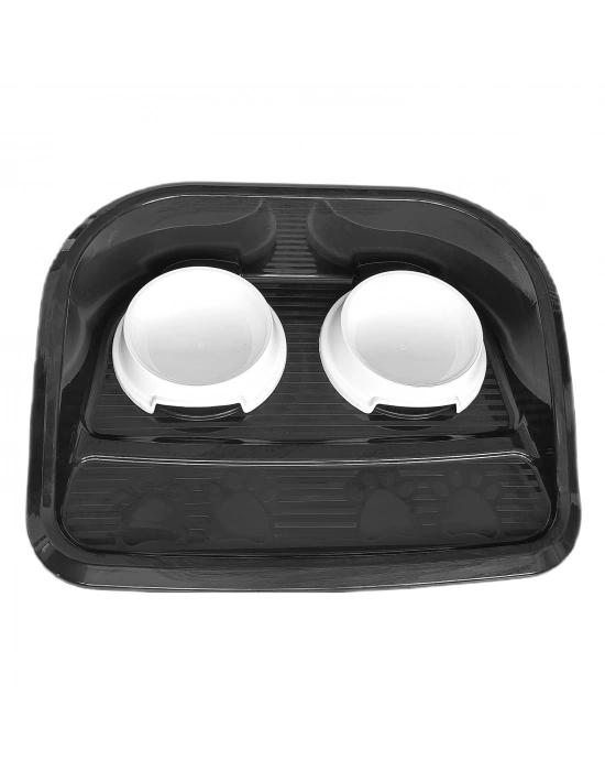 Servis Tepsili Plastik İkili Kedi Köpek Mama Ve Su Kabı 35x46 cm Siyah-Beyaz