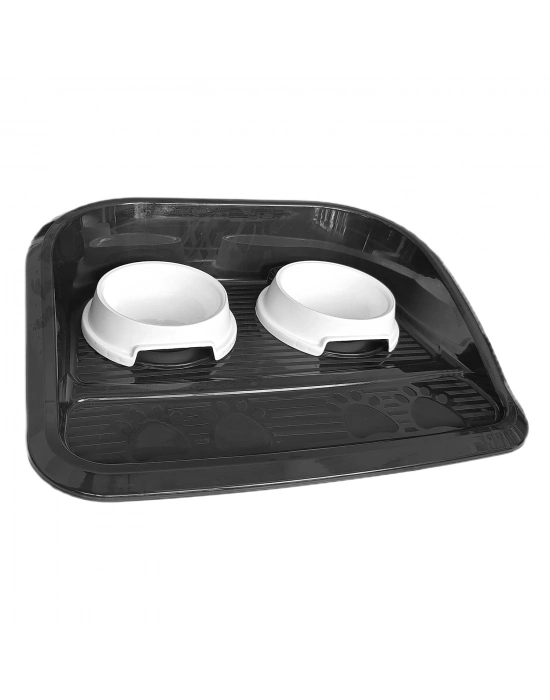 Servis Tepsili Plastik İkili Kedi Köpek Mama Ve Su Kabı 35x46 cm Siyah-Beyaz