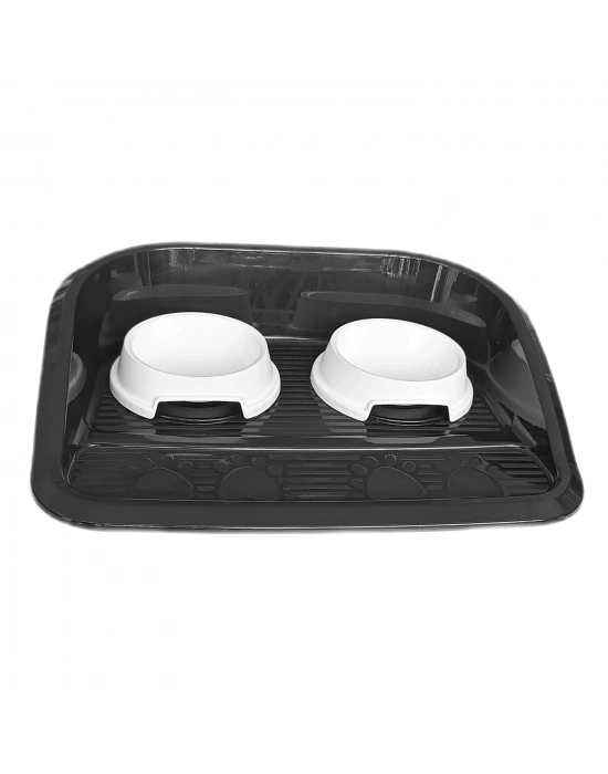 Servis Tepsili Plastik İkili Kedi Köpek Mama Ve Su Kabı 35x46 cm Siyah-Beyaz