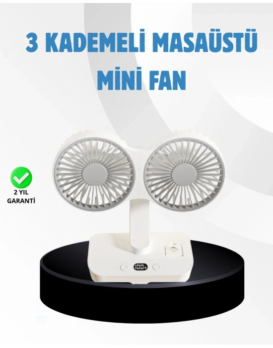 Sessiz Çalışan USB Şarjlı Çift Kafalı Masaüstü Fan – Ev ve Ofis İçin