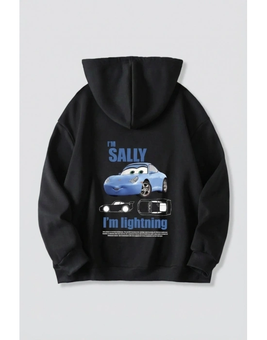 Sevgililer Günü Araba Temalı Baskılı Oversize Kapüşonlu Sweatshirt Hoodie - Siyah