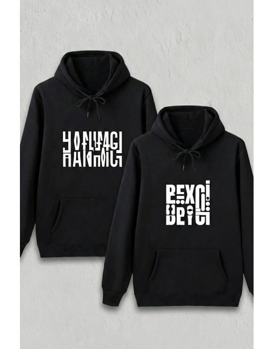 Sevgililer Günü Hanımcı Hediye Baskılı Oversize Kapüşonlu Sweatshirt - Siya