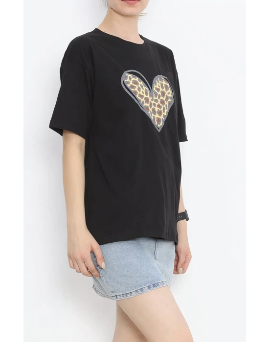 Sevgililer Günü İçin Özel Tasarım Leopar Kalp Baskılı T-shirt - Siyah -