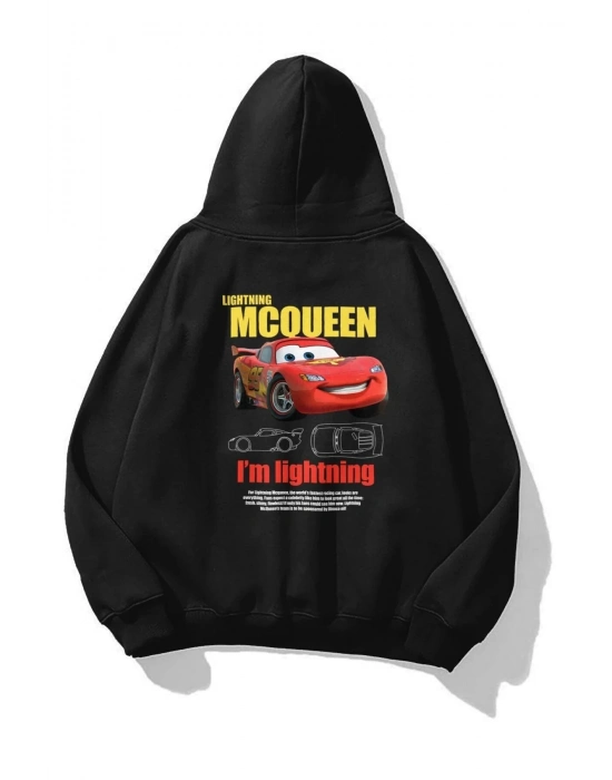 Sevgililer Günü Özel Kapüşonlu Araba Baskılı Oversize Sweatshirt - Siyah