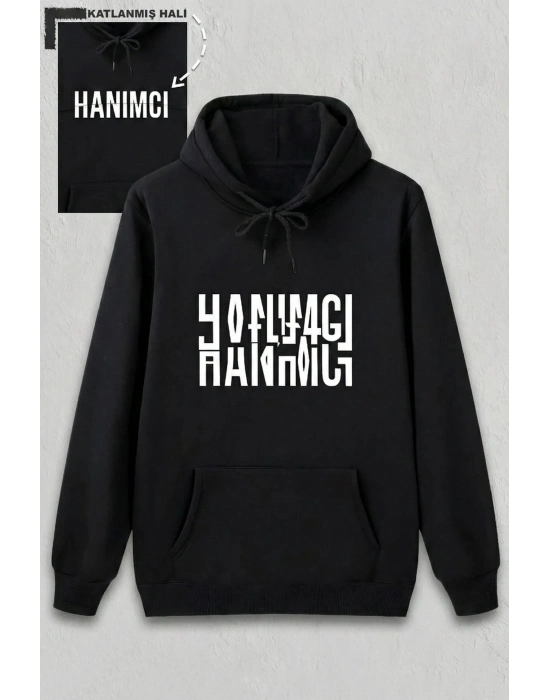 Sevgililer Günü Özel Kapüşonlu Hanımcı Baskılı Oversize Sweatshirt - Siyah