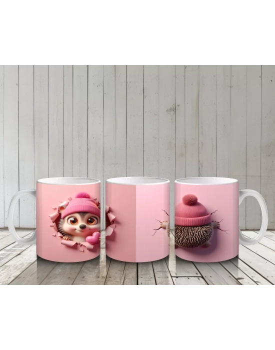 Sevimli Bebek ve Bere Takmış Oyuncak Kirpi – Baskılı Kahve Kupası