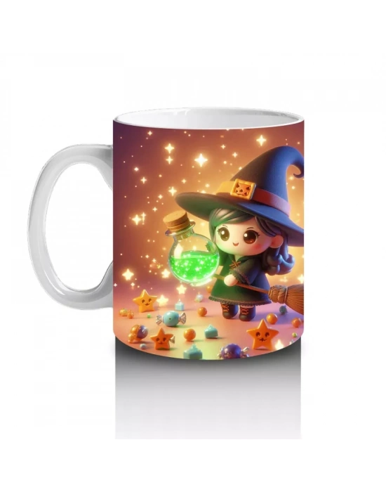 Sevimli Cadı Kız ve Şeker Sepeti Figürlü Renkli Cadılar Bayramı Baskılı Kupa Bardak