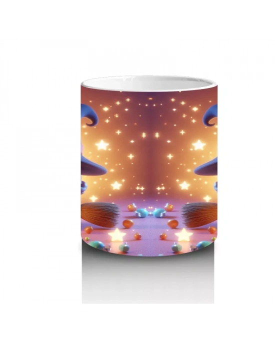 Sevimli Cadı Kız ve Şeker Sepeti Figürlü Renkli Cadılar Bayramı Baskılı Kupa Bardak