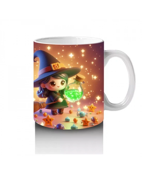 Sevimli Cadı Kız ve Şeker Sepeti Figürlü Renkli Cadılar Bayramı Baskılı Kupa Bardak