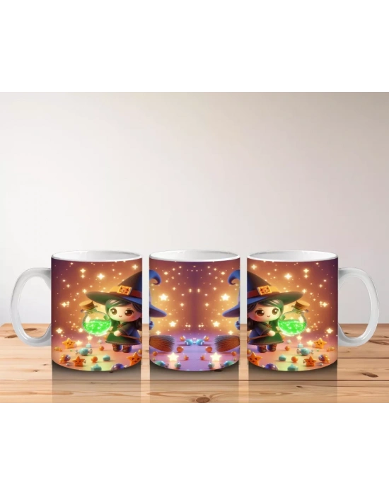 Sevimli Cadı Kız ve Şeker Sepeti Figürlü Renkli Cadılar Bayramı Baskılı Kupa Bardak