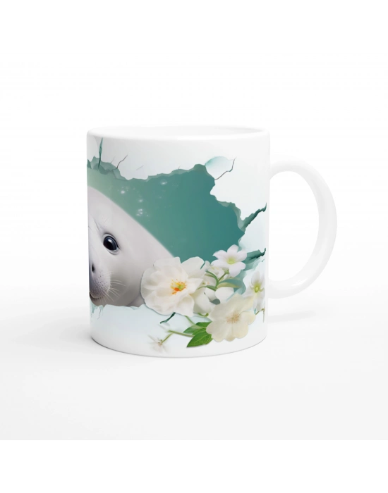 Sevimli Fok ve Çiçek Detaylı Su Altı Temalı Kupa Bardak