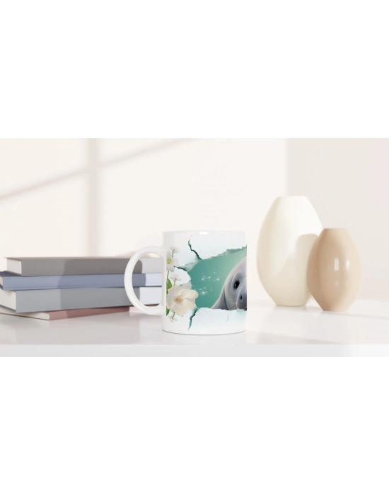 Sevimli Fok ve Çiçek Detaylı Su Altı Temalı Kupa Bardak