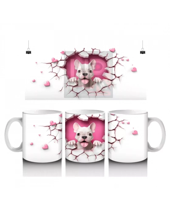 Sevimli Fransız Bulldog ve Pembe Kalpler Temalı Tasarım - Baskılı kahve kupası
