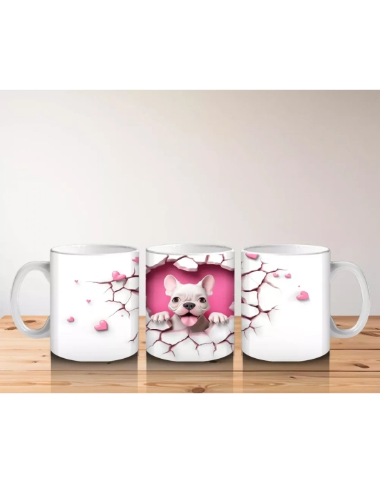 Sevimli Fransız Bulldog ve Pembe Kalpler Temalı Tasarım - Baskılı kahve kupası