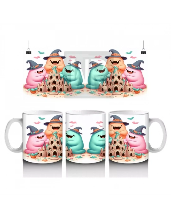 Sevimli Hayalet ve Dinozor Kostümlü Çocuklara Özel Cadılar Bayramı Baskılı Kupa Bardak