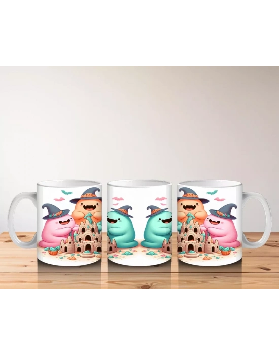 Sevimli Hayalet ve Dinozor Kostümlü Çocuklara Özel Cadılar Bayramı Baskılı Kupa Bardak