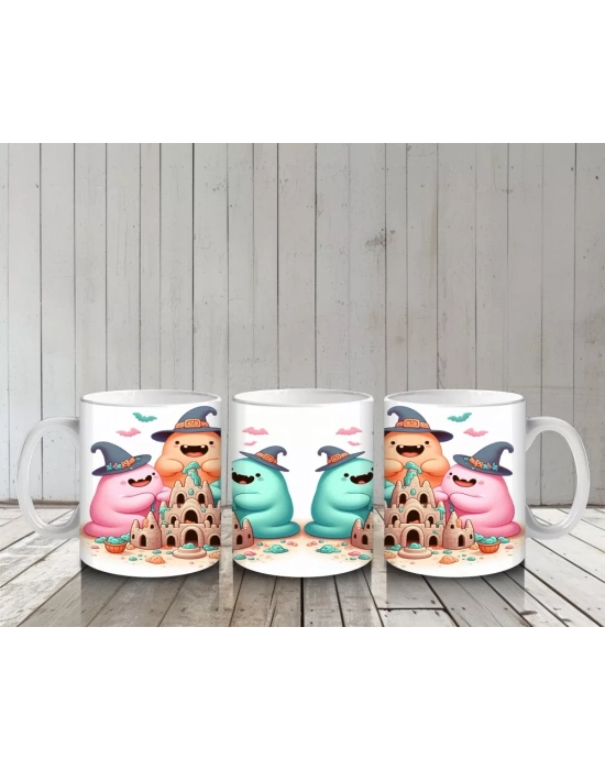 Sevimli Hayalet ve Dinozor Kostümlü Çocuklara Özel Cadılar Bayramı Baskılı Kupa Bardak