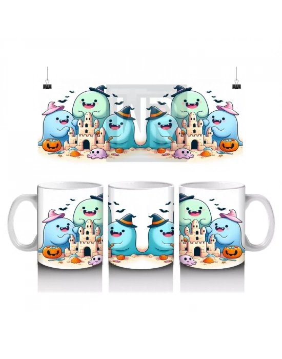 Sevimli Hayaletler ve Şekerlemeler Temalı Renkli Cadılar Bayramı Baskılı Kupa Bardak