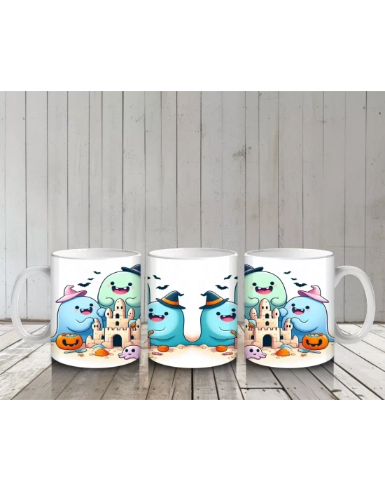 Sevimli Hayaletler ve Şekerlemeler Temalı Renkli Cadılar Bayramı Baskılı Kupa Bardak