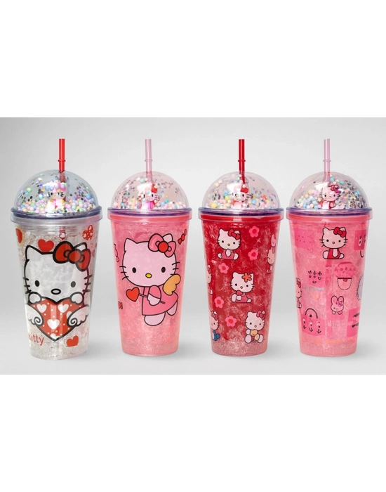 Sevimli Hello Kitty Pipetli Işıklı Boncuklu Suluk Bardak 400 ml