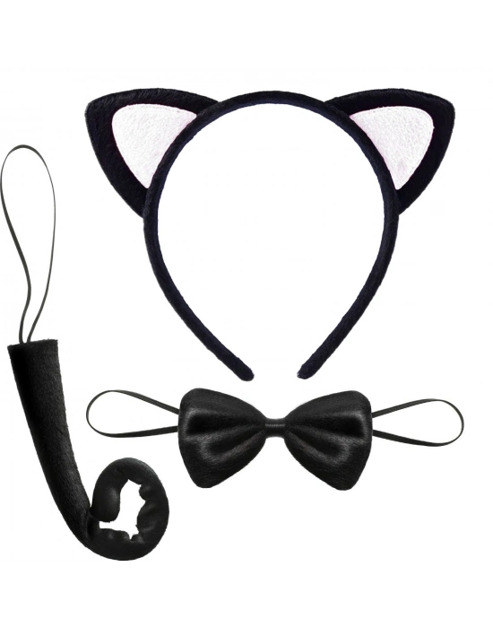 Sevimli Kedi Kostüm Seti Kulak Papyon Kuyruk Beyaz Renk