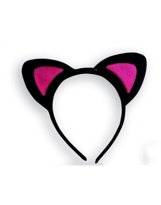 Sevimli Kedi Kulak Pofuduk Kedi Taç Siyah İçi Şeker Fuşya Renk 17x15 Cm
