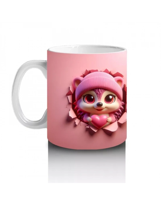 Sevimli Kız Maskot ve Ponponlu Örgü Bere Figürü – Baskılı Kahve Kupası