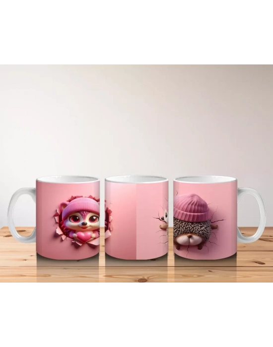 Sevimli Kız Maskot ve Ponponlu Örgü Bere Figürü – Baskılı Kahve Kupası