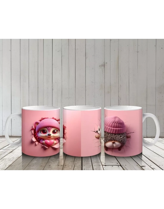 Sevimli Kız Maskot ve Ponponlu Örgü Bere Figürü – Baskılı Kahve Kupası