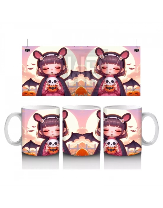 Sevimli Kostümlü Kız Çocuk Figürlü Tatlı Cadılar Bayramı Baskılı Kupa Bardak