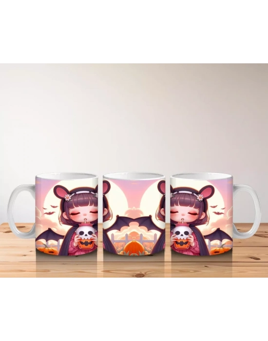 Sevimli Kostümlü Kız Çocuk Figürlü Tatlı Cadılar Bayramı Baskılı Kupa Bardak