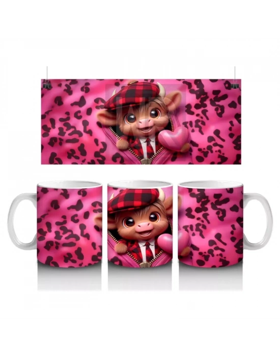 Sevimli Pembe Boğa Kalplerle – Baskılı Kupa