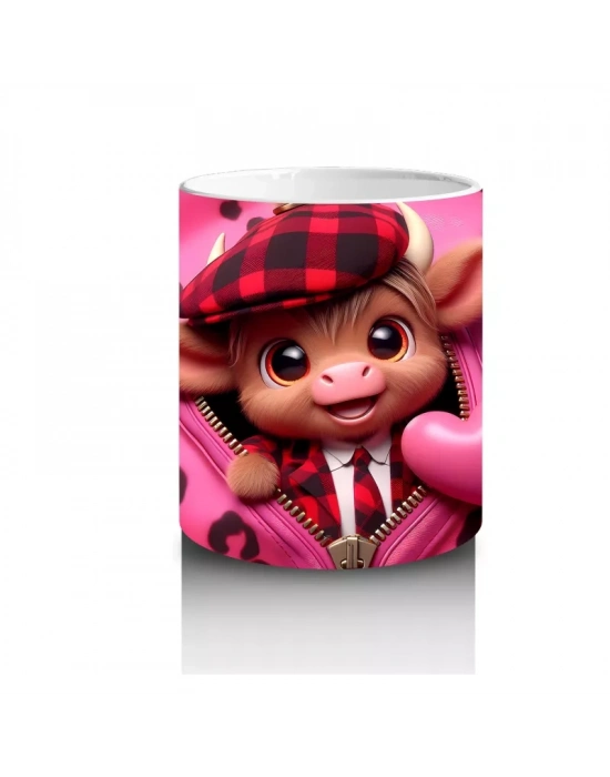Sevimli Pembe Boğa Kalplerle – Baskılı Kupa