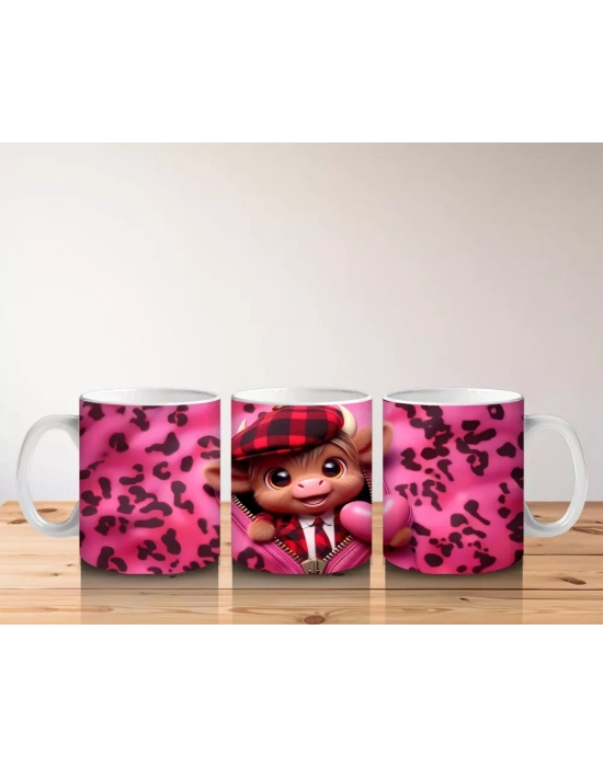 Sevimli Pembe Boğa Kalplerle – Baskılı Kupa