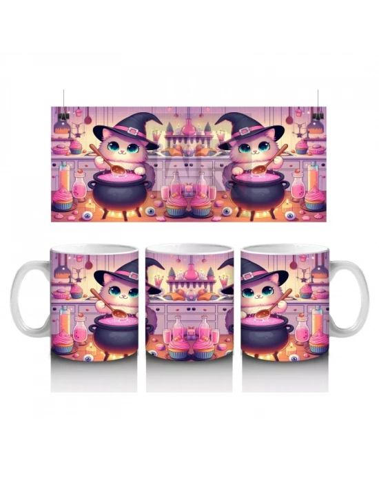 Sevimli Pembe Cadı Kız Figürlü Renkli Cadılar Bayramı Baskılı Kupa Bardak