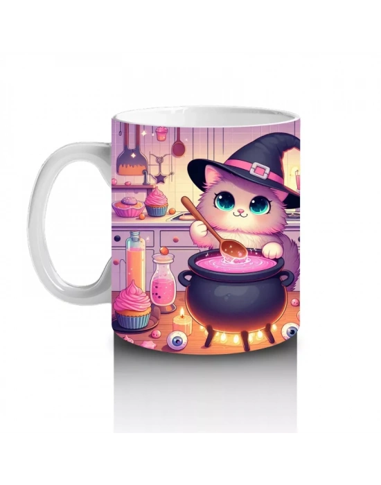 Sevimli Pembe Cadı Kız Figürlü Renkli Cadılar Bayramı Baskılı Kupa Bardak