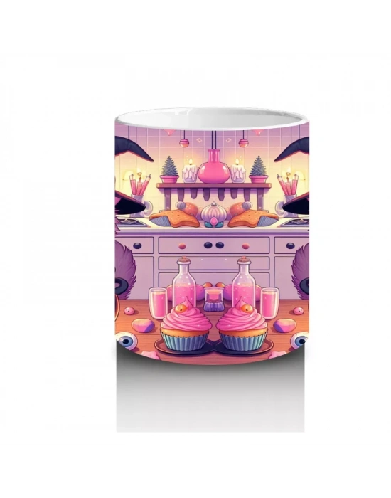 Sevimli Pembe Cadı Kız Figürlü Renkli Cadılar Bayramı Baskılı Kupa Bardak