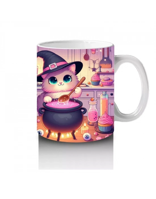 Sevimli Pembe Cadı Kız Figürlü Renkli Cadılar Bayramı Baskılı Kupa Bardak