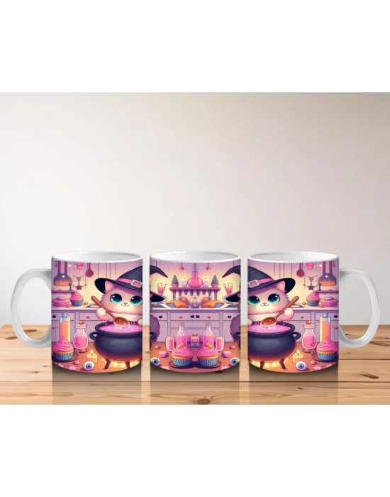 Sevimli Pembe Cadı Kız Figürlü Renkli Cadılar Bayramı Baskılı Kupa Bardak