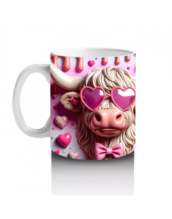 Sevimli Suratlı Kalpli Fonlu Pembe Buzağılar – Baskılı Kahve Kupası