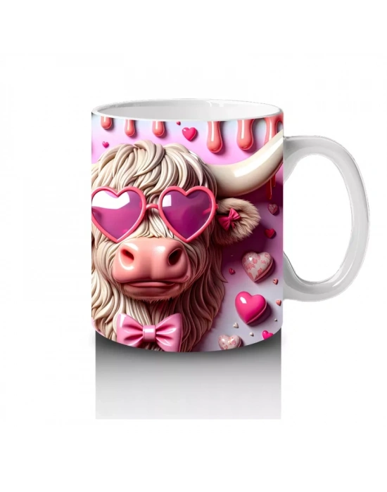 Sevimli Suratlı Kalpli Fonlu Pembe Buzağılar – Baskılı Kahve Kupası